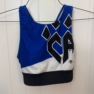 Cheer athletics Blue and White Women's sports bra. Rebel Athletics adult medium